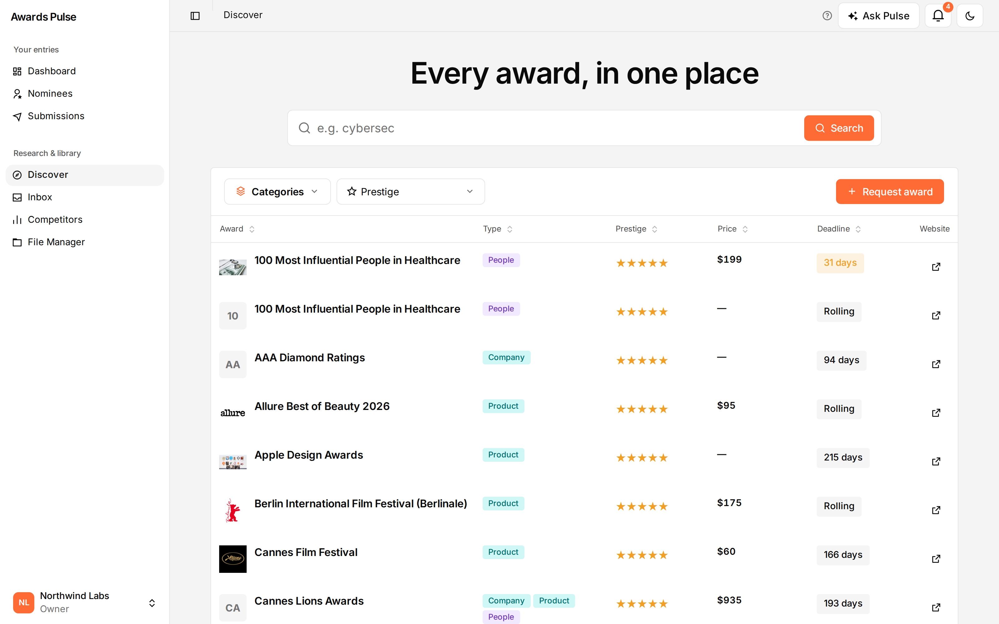 The Discover catalog, with prestige, price and deadline per award