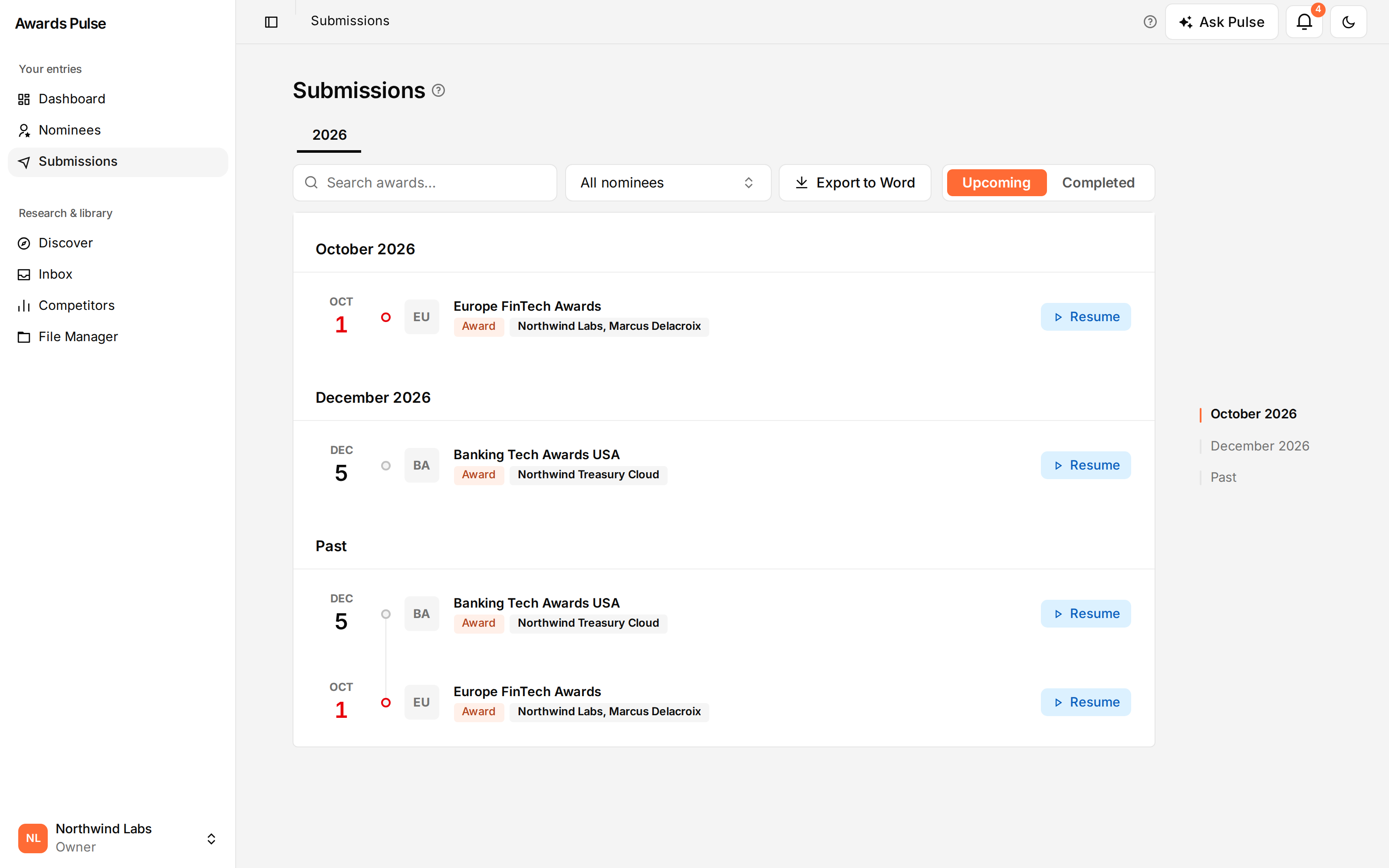 The submissions tracker, sectioned by month